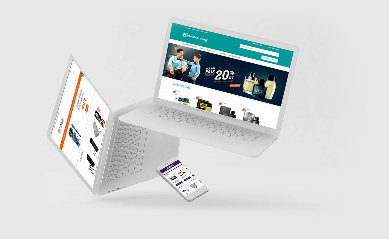 Dois computadores e um smartphone com os ecommerces e o aplicativo da Futura Sistemas